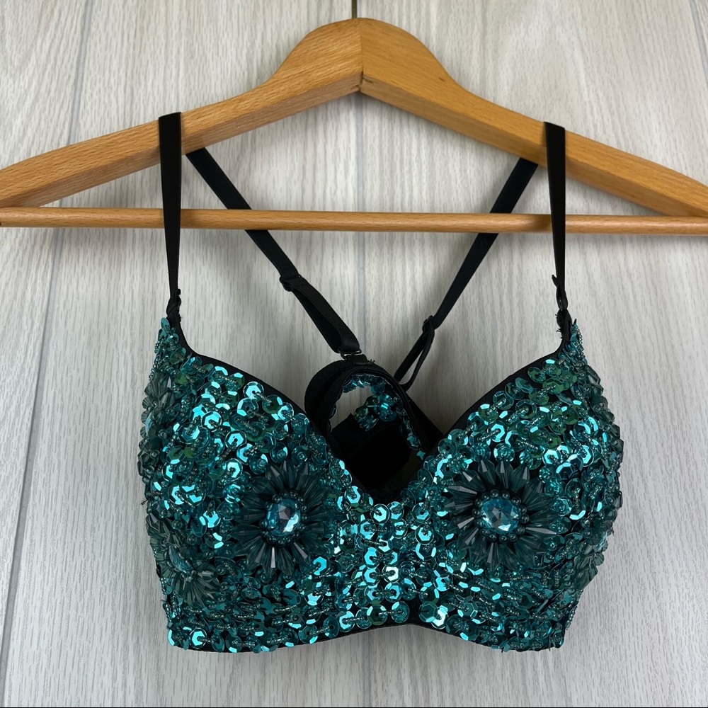 34B Teal Blue fully Sequined Padded Bra